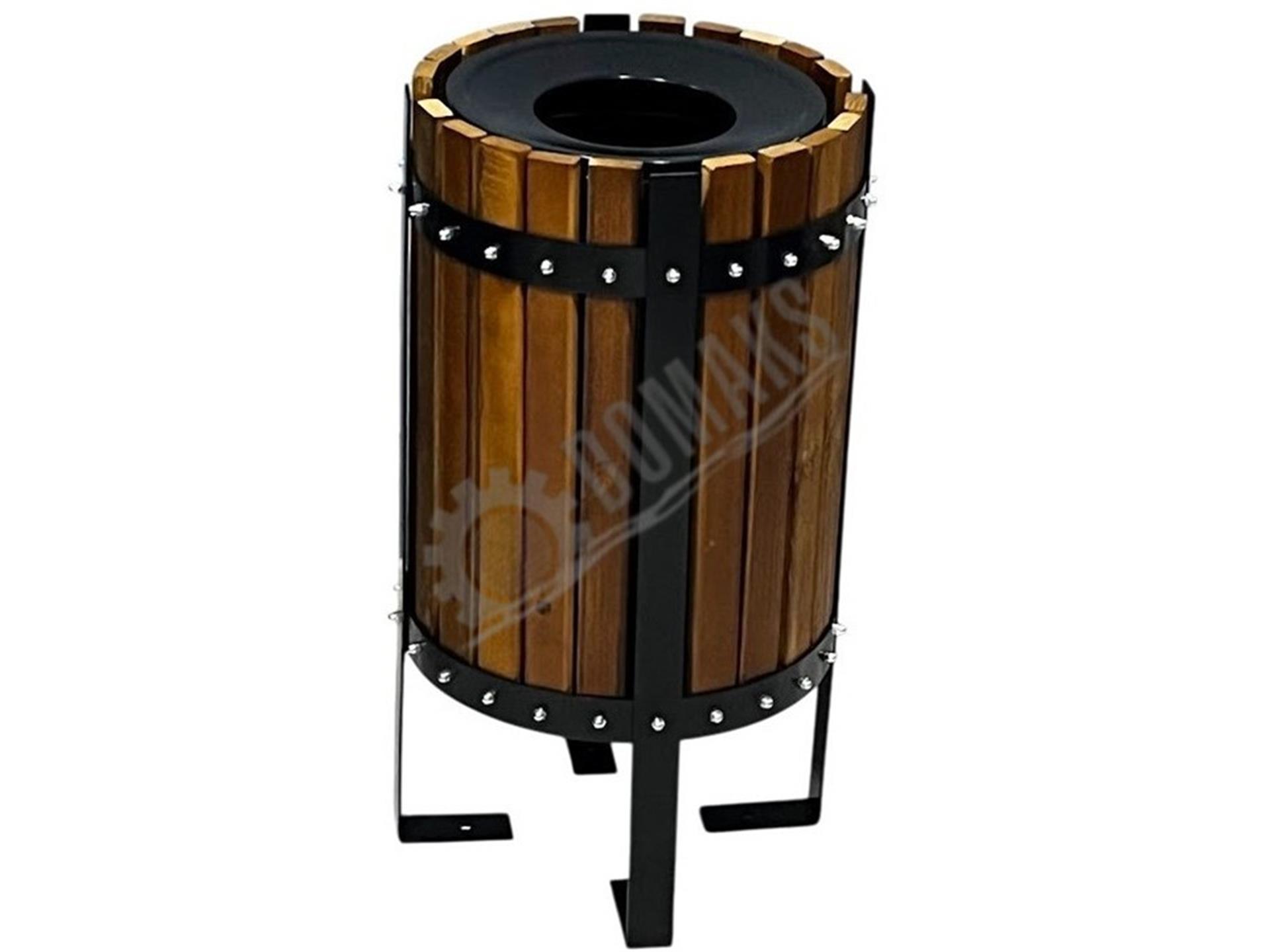 Садово-парковый мусорный контейнер, деревянный цилиндр с внешней рамой и плоской крышкой